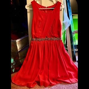 Coral Rhinestone Pleated Dress